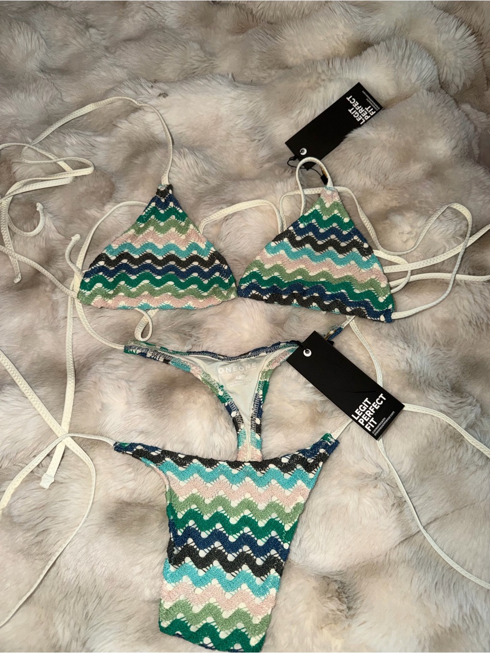 One One Swim Green Wave-Print Triangle Bikini Set ONEONE TOP M bottom S